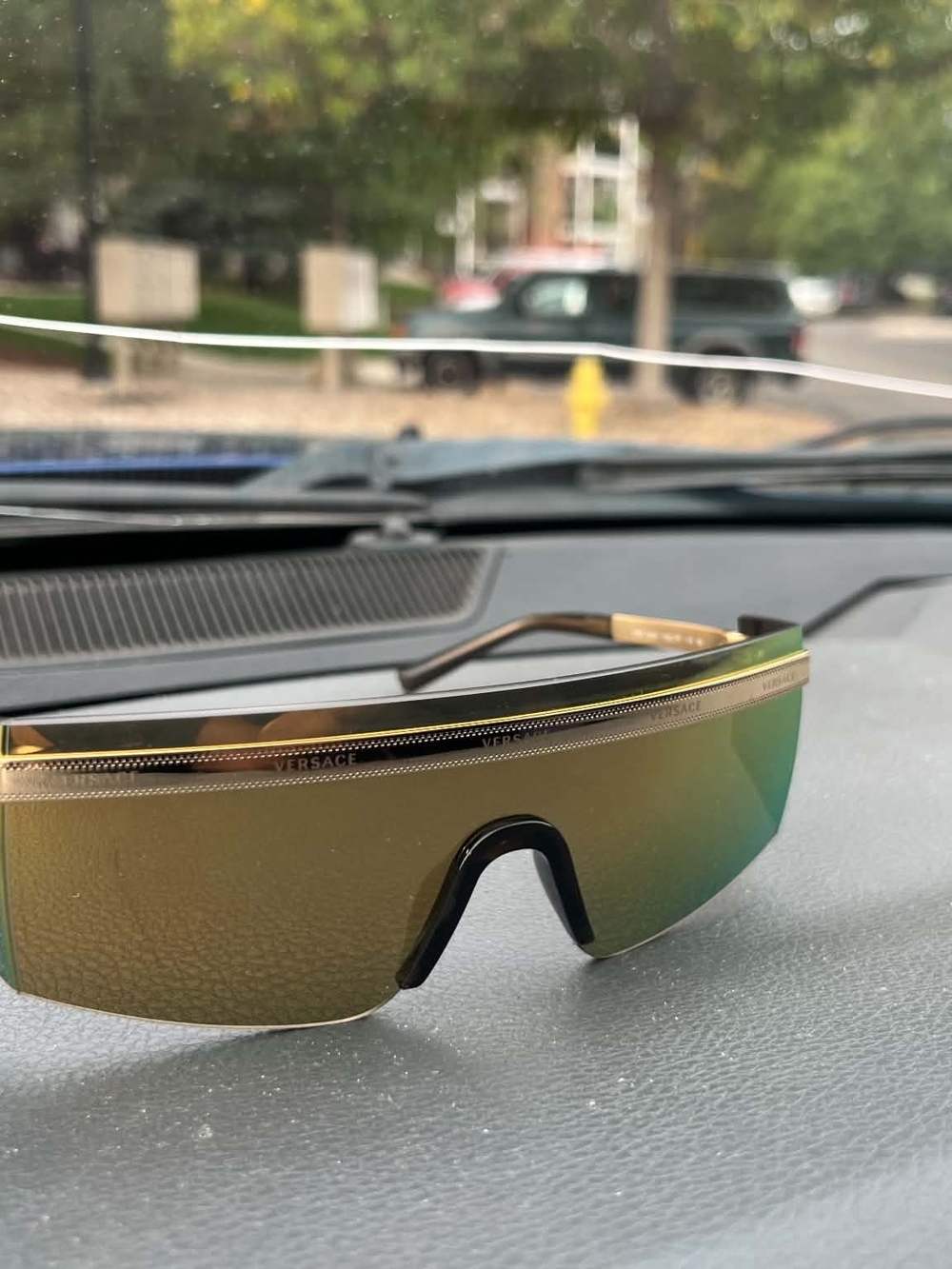 Versace Men’s Gold Shield Sunglasses - Green Lens